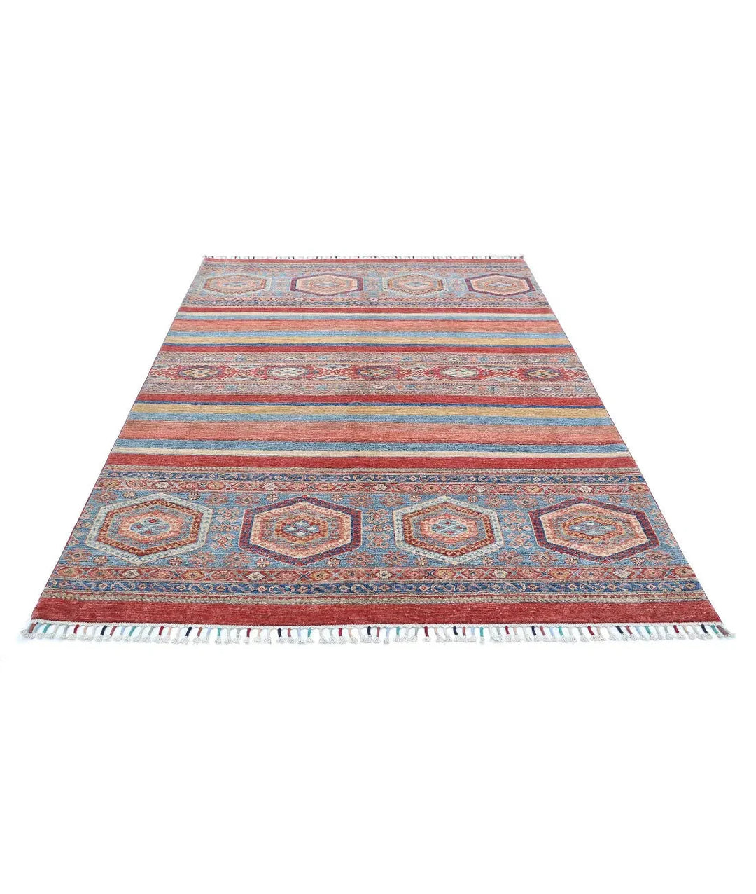 Red Afghan Khurjeen Rug 5' 6" x 8' 0" Hand-Knotted | No. AT11074