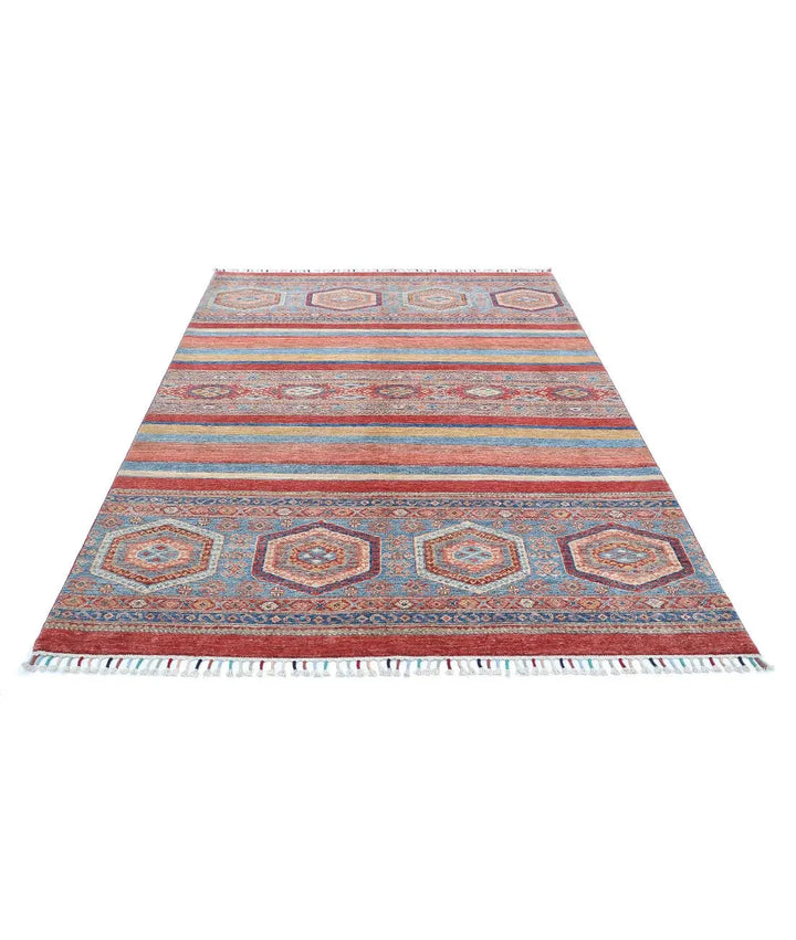 Red Afghan Khurjeen Rug 5' 6" x 8' 0" Hand-Knotted | No. AT11074