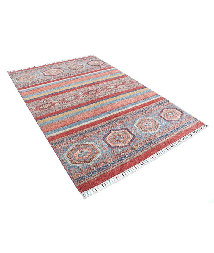 Red Afghan Khurjeen Rug 5' 6" x 8' 0" Hand-Knotted | No. AT11074