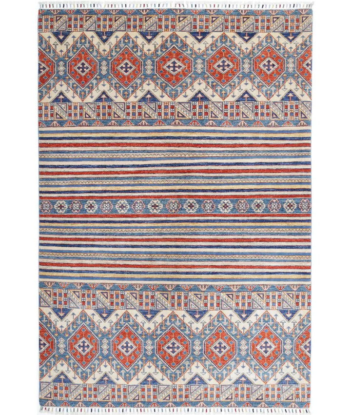 Ivory Afghan Khurjeen Rug 5' 5" x 7' 11" Hand-Knotted | No. AT11532