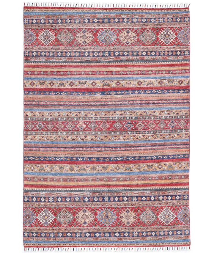 Red Afghan Khurjeen Rug 4' 11" x 7' 2" Hand-Knotted | No. AT11753
