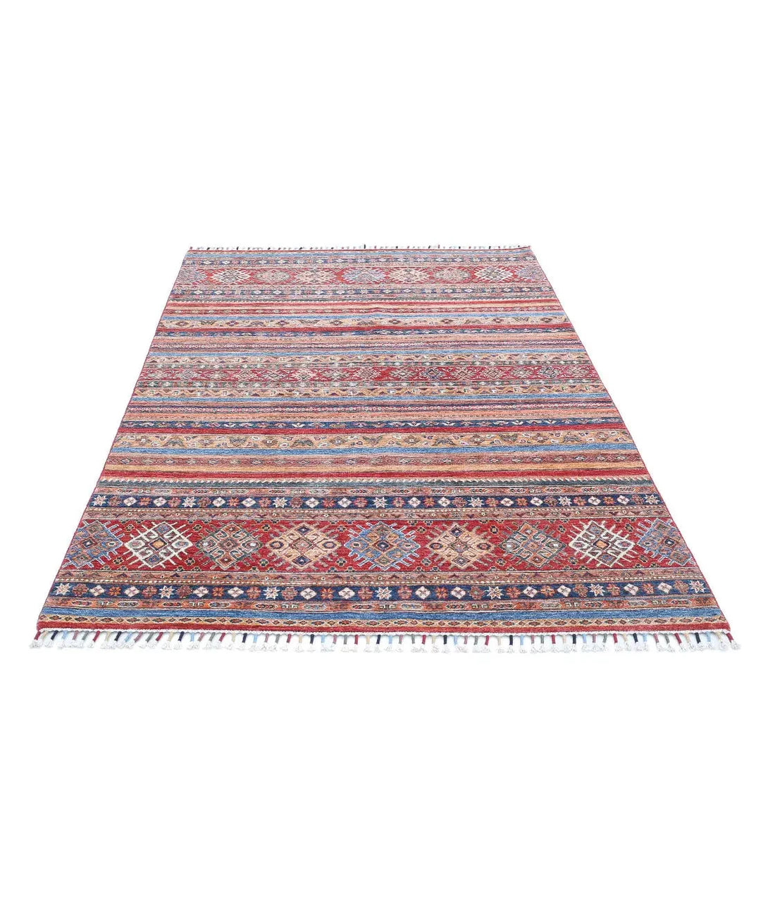 Red Afghan Khurjeen Rug 4' 11" x 7' 2" Hand-Knotted | No. AT11753