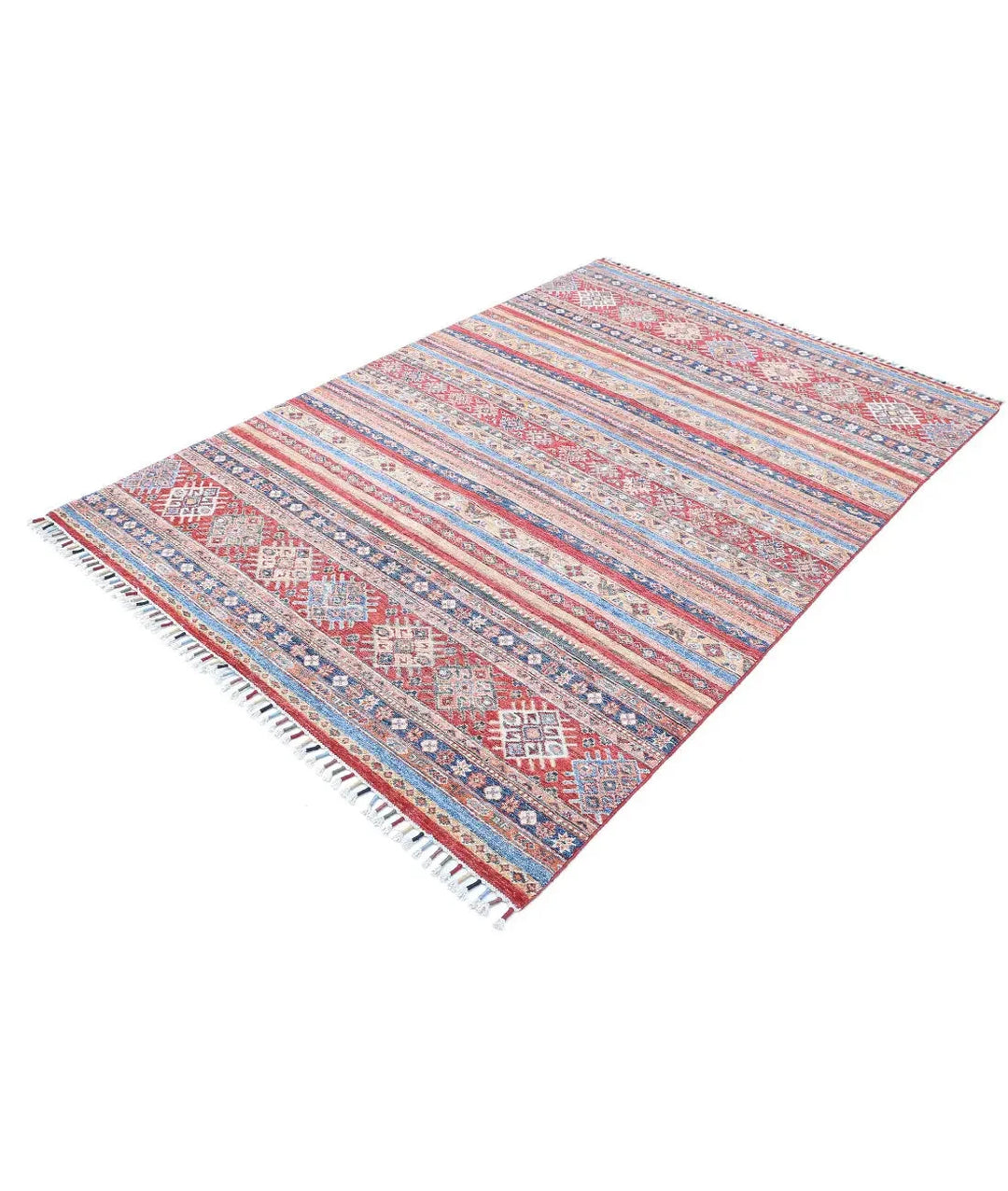 Red Afghan Khurjeen Rug 4' 11" x 7' 2" Hand-Knotted | No. AT11753