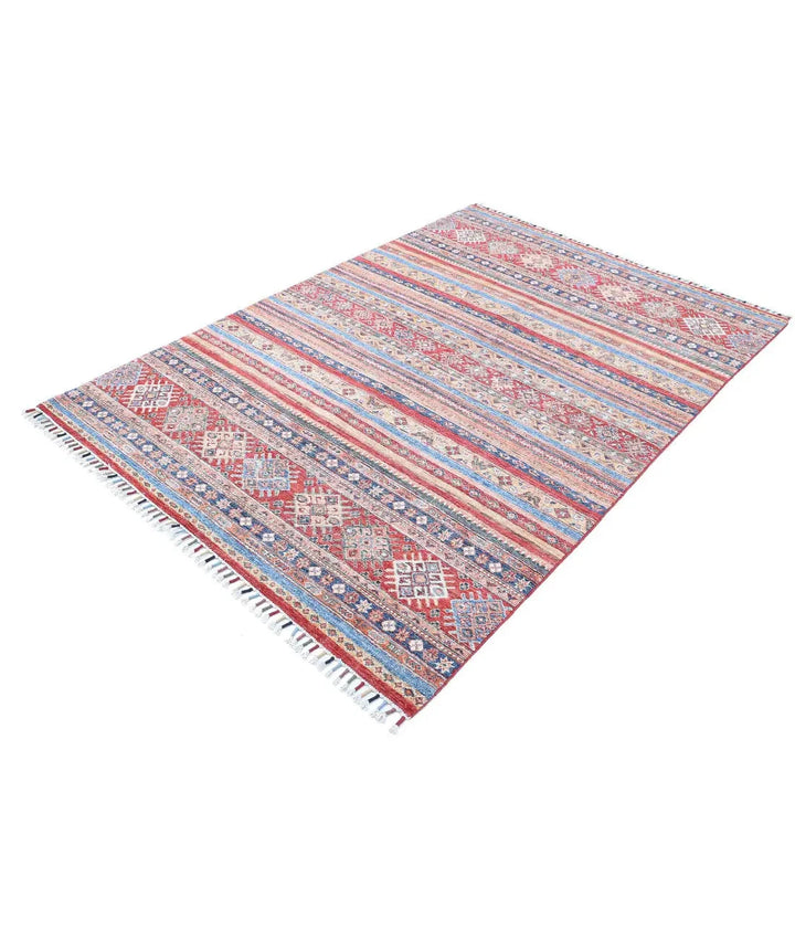 Red Afghan Khurjeen Rug 4' 11" x 7' 2" Hand-Knotted | No. AT11753