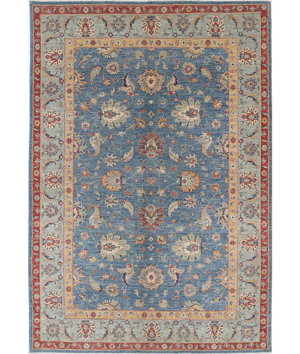 Blue Afghan Ziegler Rug 5'7" x 8'2" Hand-Knotted | No. AT13841