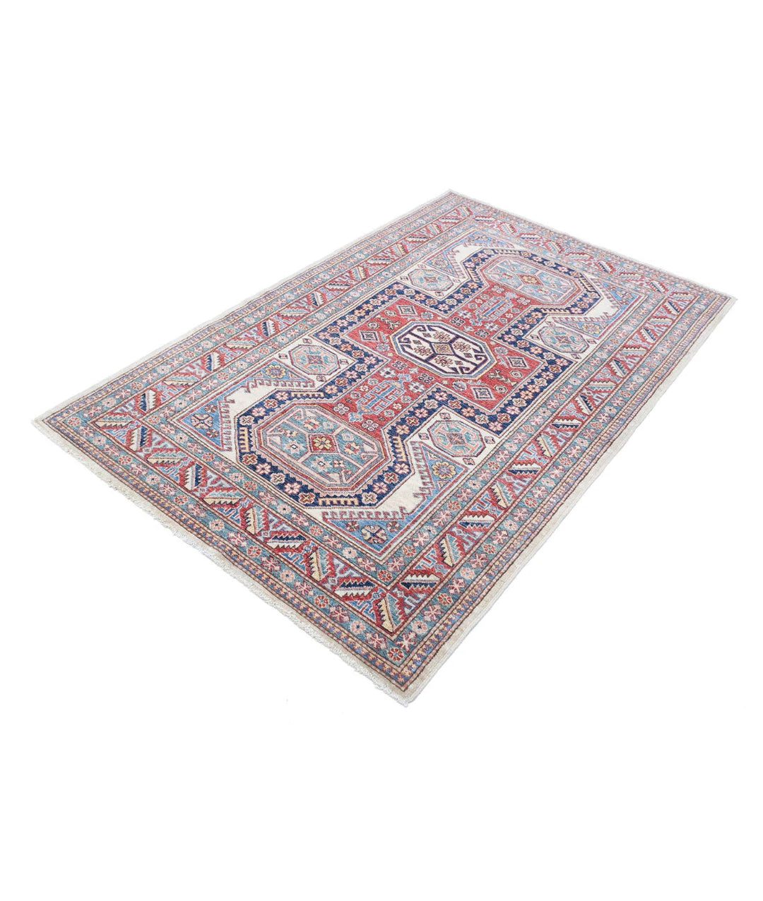 Afghan Royal Kazak Rug 4' 2" x 6' 6" Hand-Knotted | No. AT14216