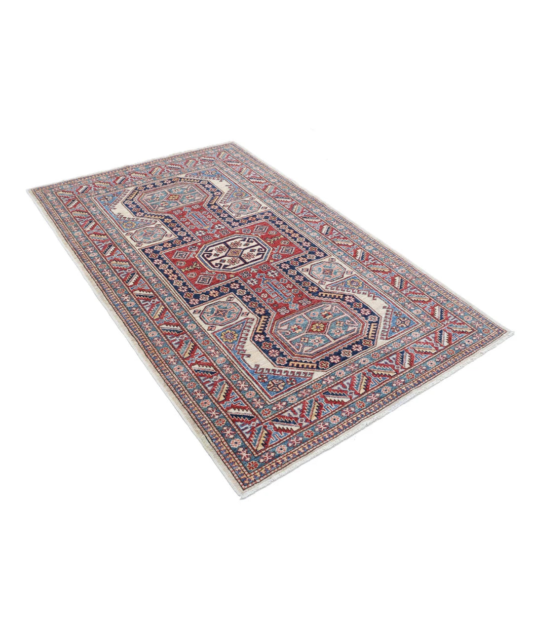 Afghan Royal Kazak Rug 4' 2" x 6' 6" Hand-Knotted | No. AT14216