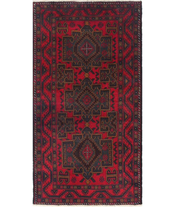 Red Afghan Baluchi Rug 2' 11" x 5' 7" Hand-Knotted | No. AT14430