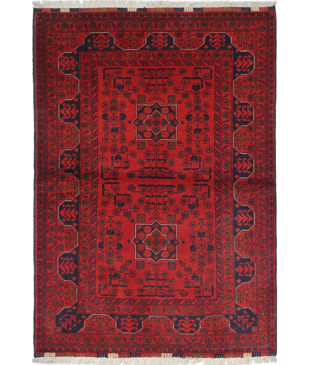 Red Afghan Tribal Rug 3' 4" x 4' 10" Hand-Knotted | No. AT15039