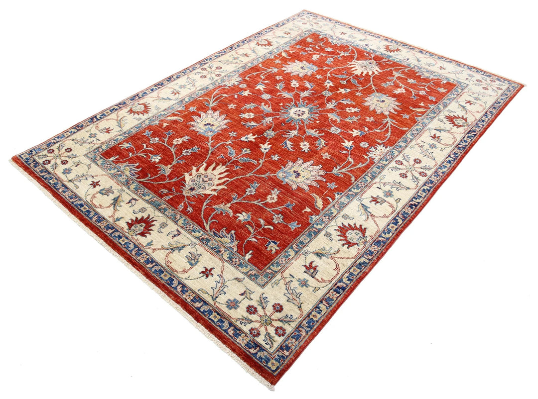 Red Afghan Ziegler Rug 5'6" x 7'8" Hand-Knotted | No. AT15961