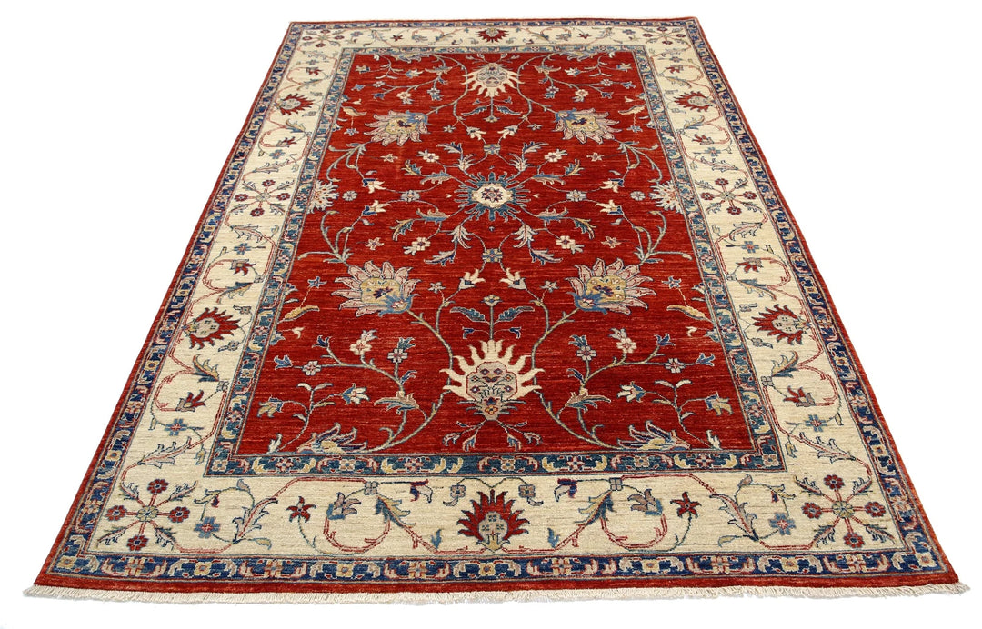 Red Afghan Ziegler Rug 5'6" x 7'8" Hand-Knotted | No. AT15961