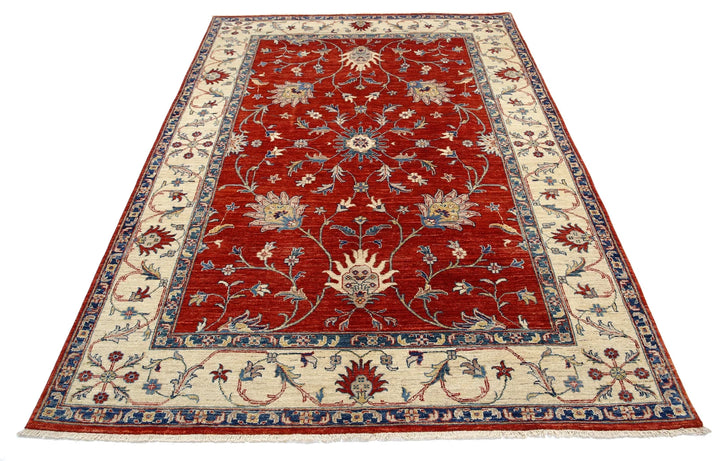 Red Afghan Ziegler Rug 5'6" x 7'8" Hand-Knotted | No. AT15961