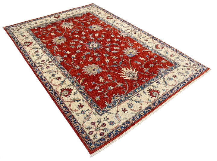 Red Afghan Ziegler Rug 5'6" x 7'8" Hand-Knotted | No. AT15961