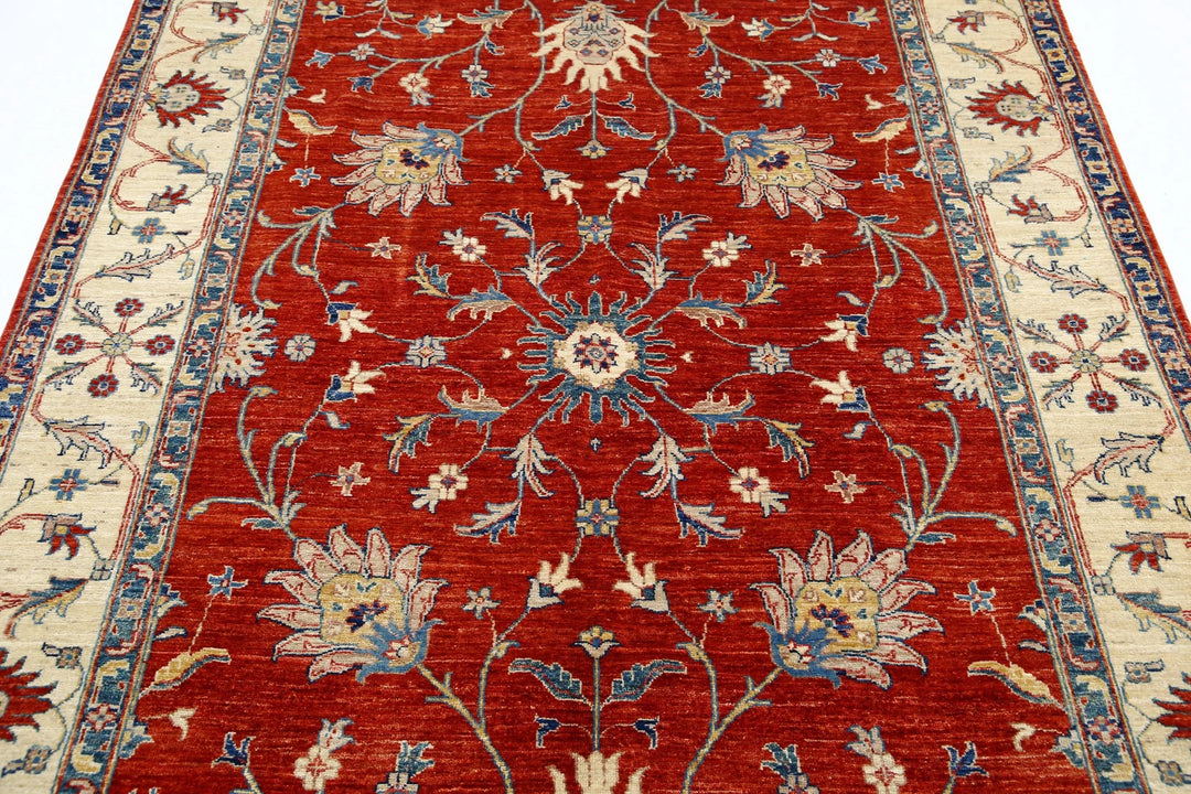 Red Afghan Ziegler Rug 5'6" x 7'8" Hand-Knotted | No. AT15961