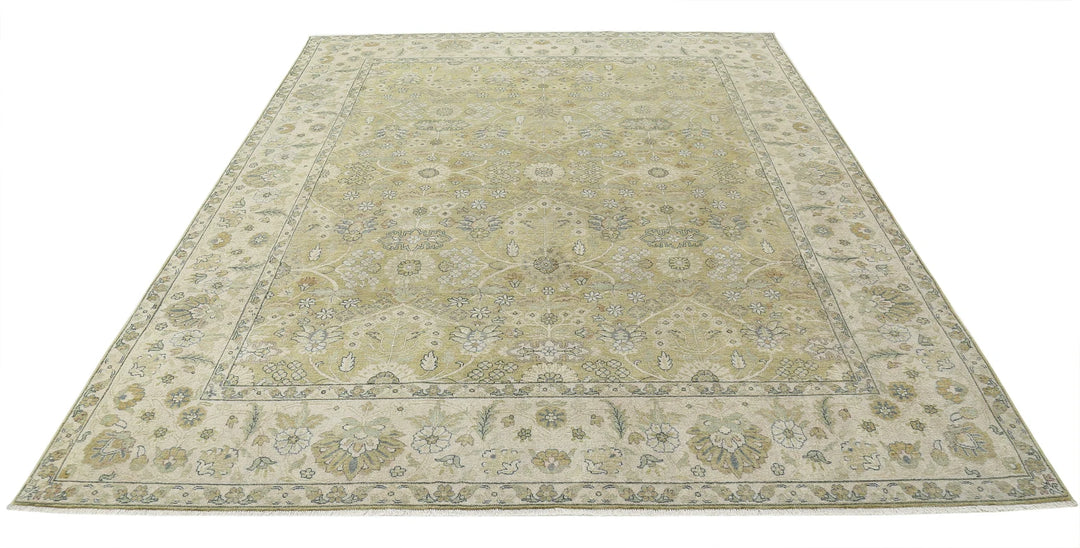Green Ivory Indian Ziegler Rug 7' 9" x 9' 9" Hand-Knotted | No. AT16714