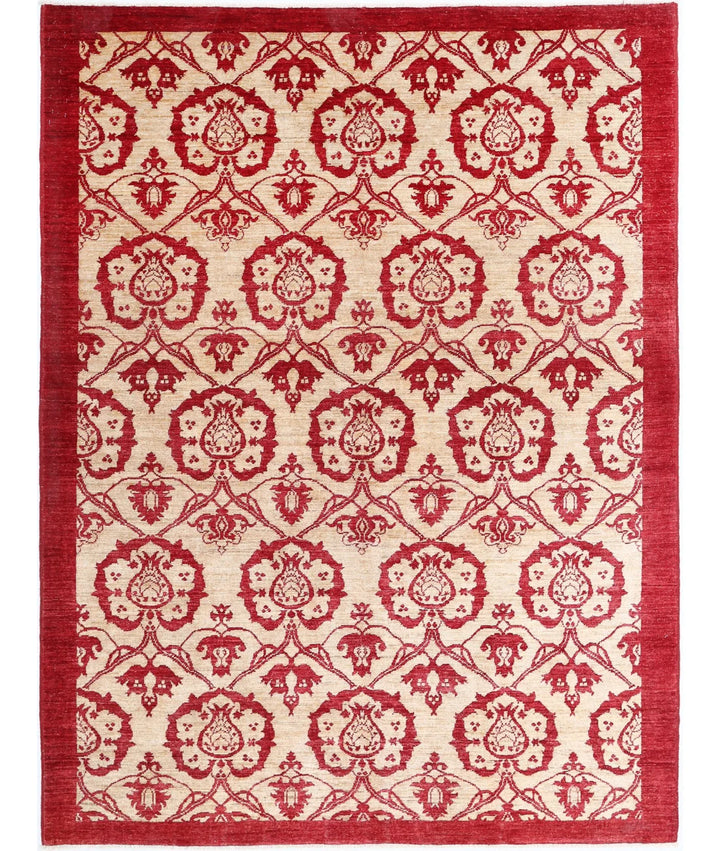 Beige Afghan Modcar Rug 5' 10" x 7' 9" Hand-Knotted | No. AT17200