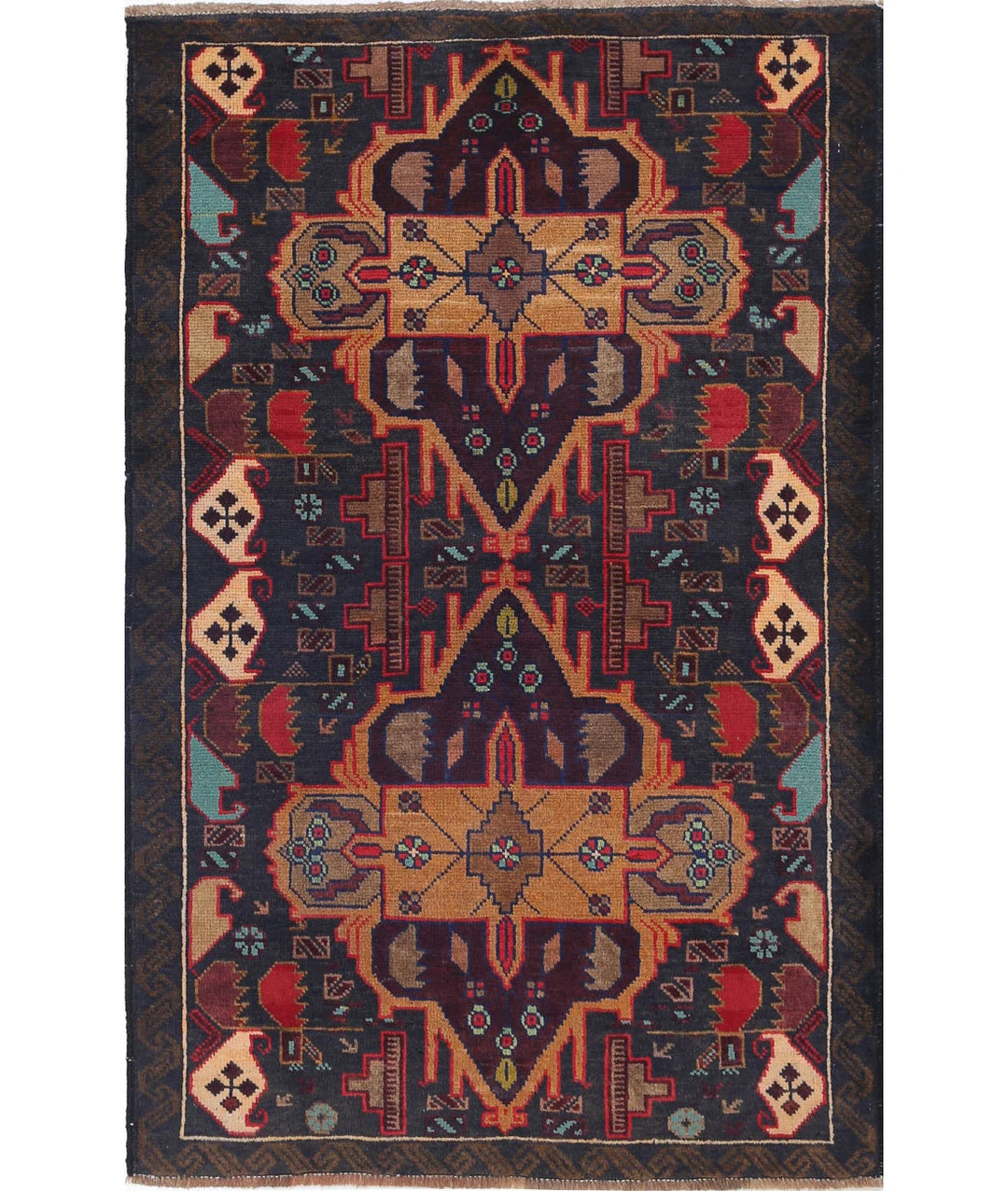 Red Afghan Tribal Rug 3' 2" x 4' 9" Hand-Knotted | No. AT17250