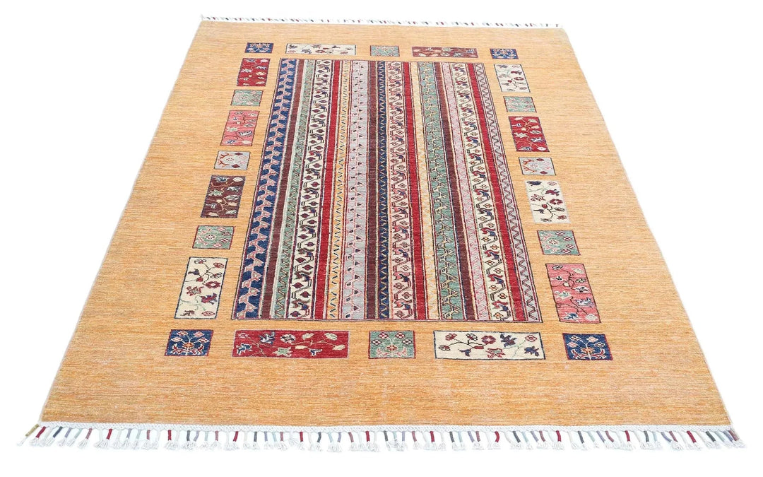 Gold Afghan Oriental Rug 4' 11" x 6' 6" Hand-Knotted | No. AT17354