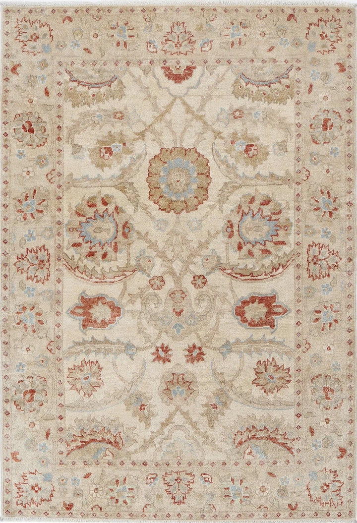 Ivory Indian Ziegler Rug 4' 1" x 6' 0" Hand-Knotted | No. AT17543