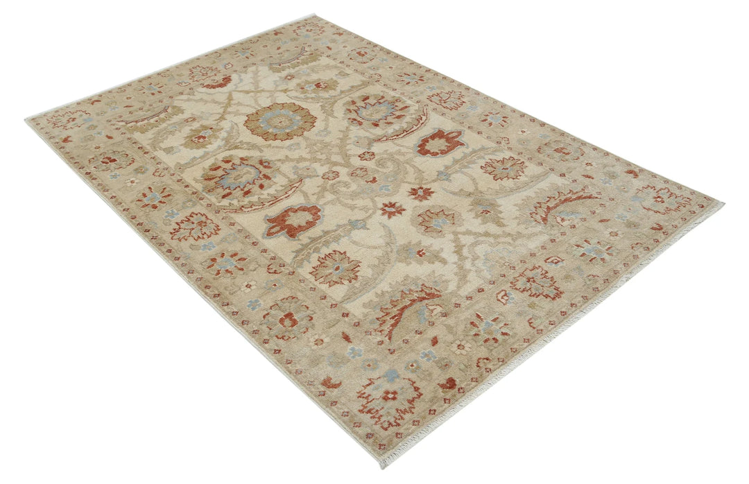 Ivory Indian Ziegler Rug 4' 1" x 6' 0" Hand-Knotted | No. AT17543