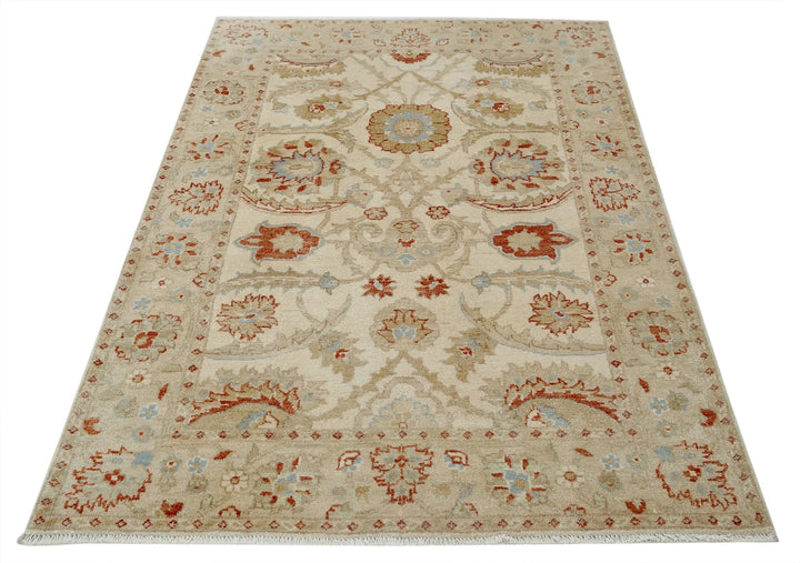 Ivory Indian Ziegler Rug 4' 1" x 6' 0" Hand-Knotted | No. AT17543