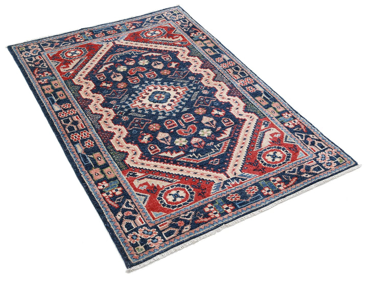 Blue Afghan Ziegler Rug 3' 3" x 4' 10" Hand-Knotted | No. AT17743