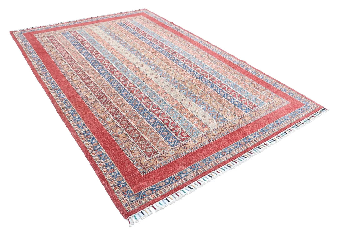 Red Afghan Oriental Rug 6' 8" x 9' 7" Hand-Knotted | No. AT18504