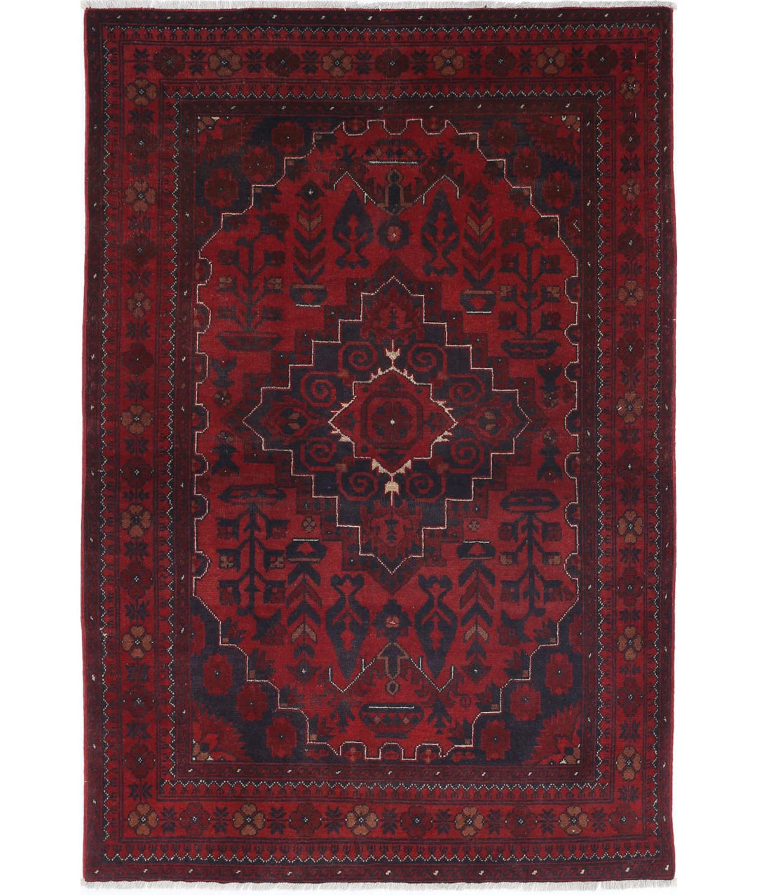 Red Afghan Khamyab Rug 3' 3" x 4' 11" Hand-Knotted | No. AT18697