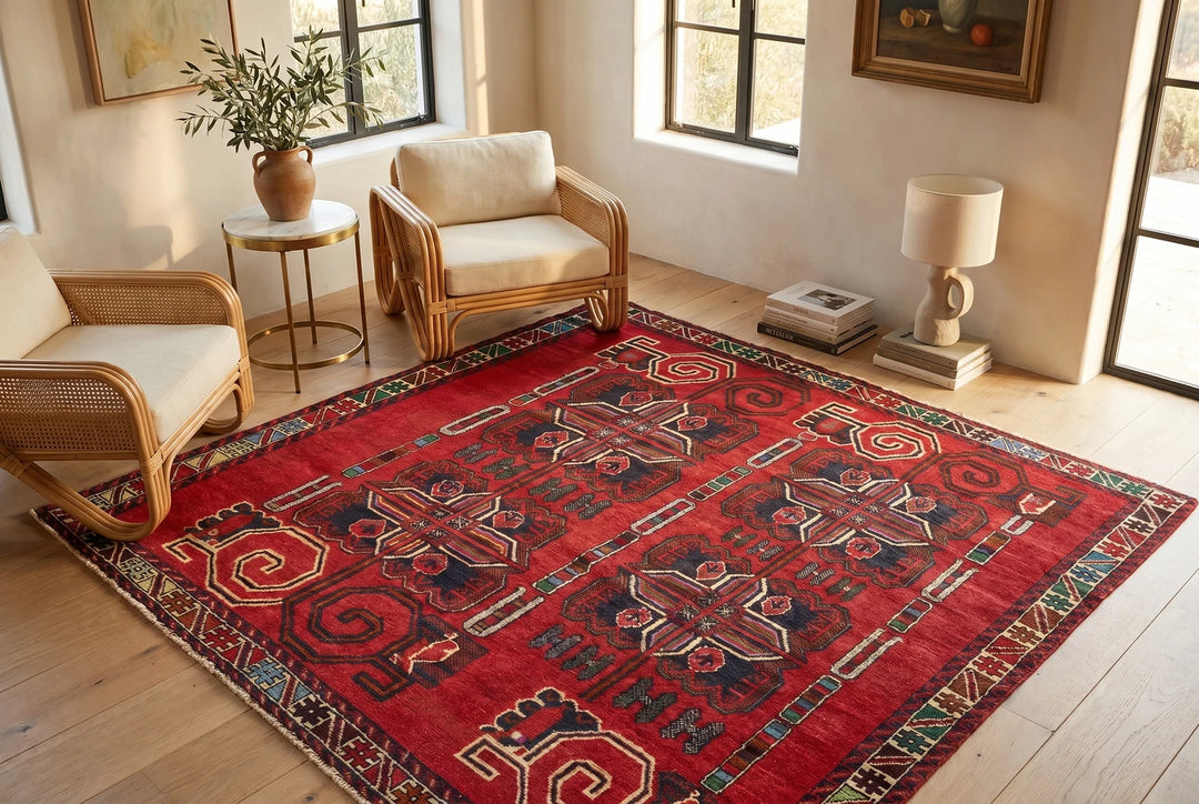 Red Afghan Tribal Rug 3' 8" x 6' 6" Hand-Knotted | No. AT192352