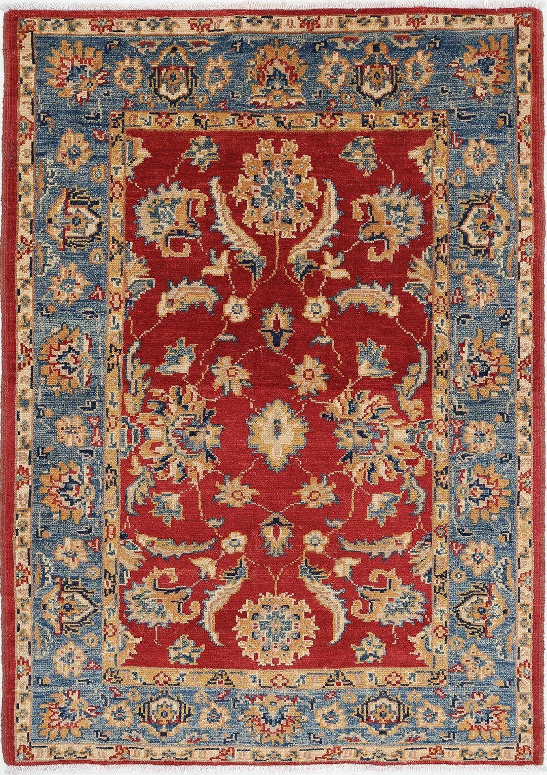 Red Afghan Ziegler Rug 3' 4" x 4' 9" Hand-Knotted | No. AT19428