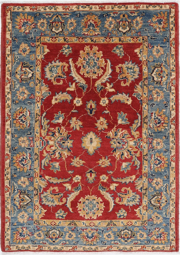 Red Afghan Ziegler Rug 3' 4" x 4' 9" Hand-Knotted | No. AT19428