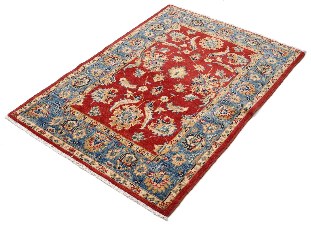 Red Afghan Ziegler Rug 3' 4" x 4' 9" Hand-Knotted | No. AT19428