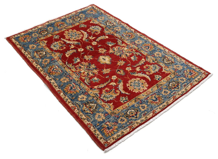 Red Afghan Ziegler Rug 3' 4" x 4' 9" Hand-Knotted | No. AT19428