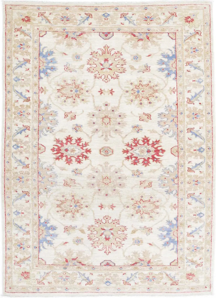 Ivory Afghan Ziegler Rug 4' 2" x 5' 8" Hand-Knotted | No. AT20485