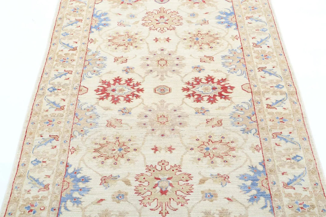Ivory Afghan Ziegler Rug 4' 2" x 5' 8" Hand-Knotted | No. AT20485