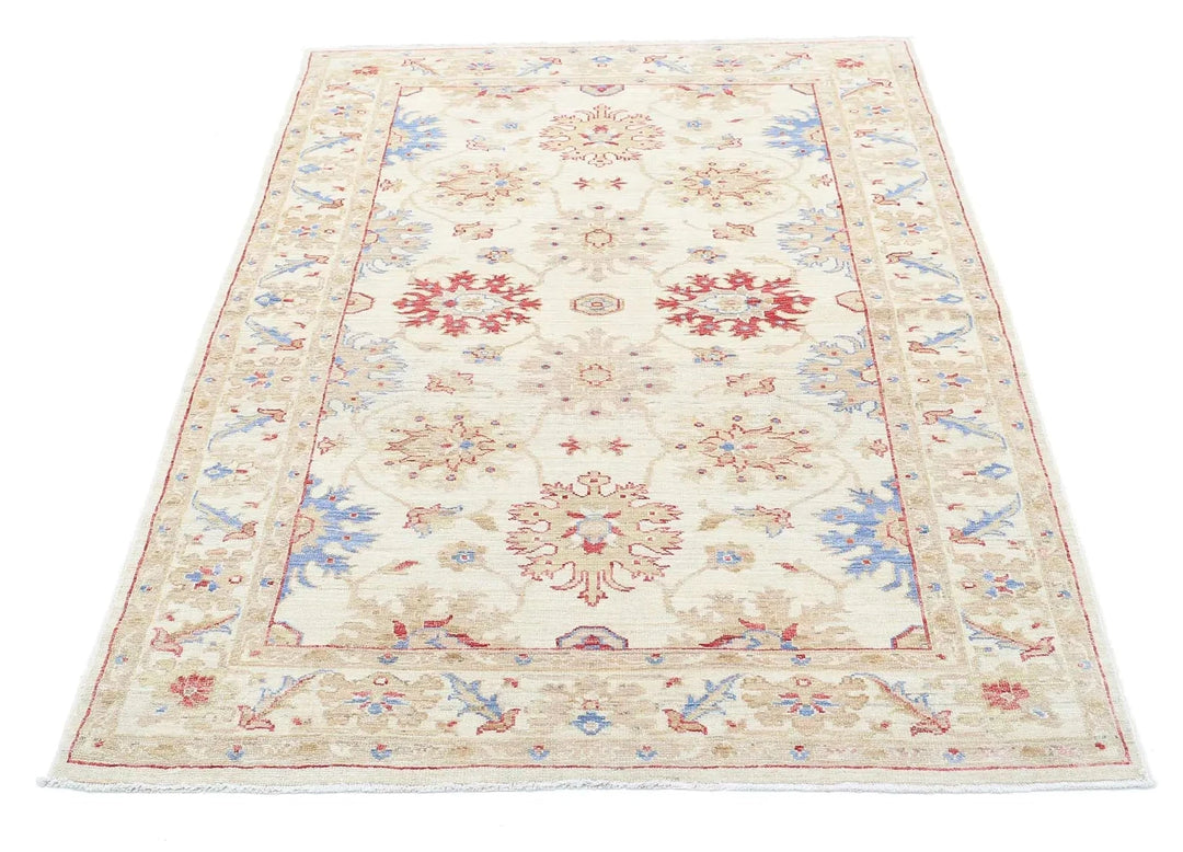 Ivory Afghan Ziegler Rug 4' 2" x 5' 8" Hand-Knotted | No. AT20485