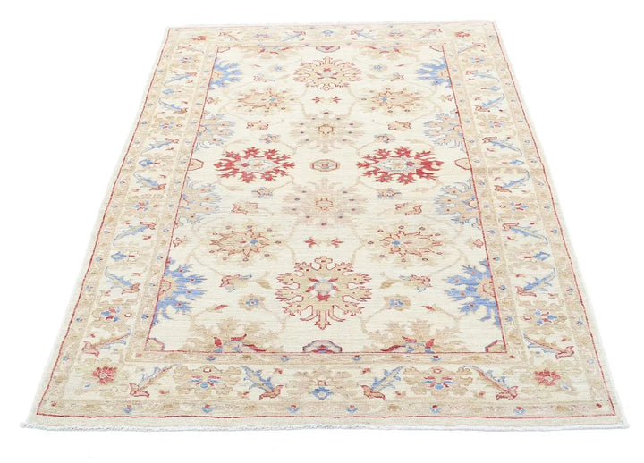 Ivory Afghan Ziegler Rug 4' 2" x 5' 8" Hand-Knotted | No. AT20485