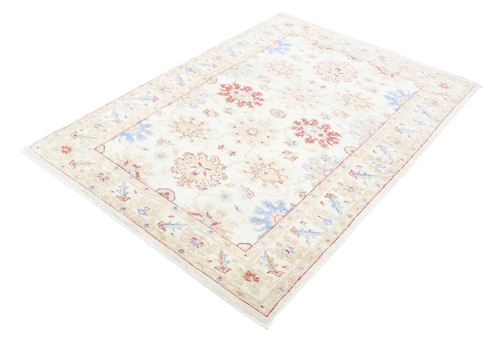 Ivory Afghan Ziegler Rug 4' 2" x 5' 8" Hand-Knotted | No. AT20485