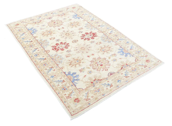 Ivory Afghan Ziegler Rug 4' 2" x 5' 8" Hand-Knotted | No. AT20485