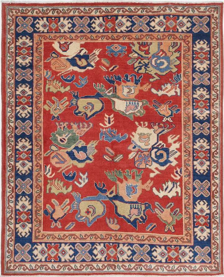 Red Afghan Oriental Rug 5' 0" x 6' 4" Hand-Knotted