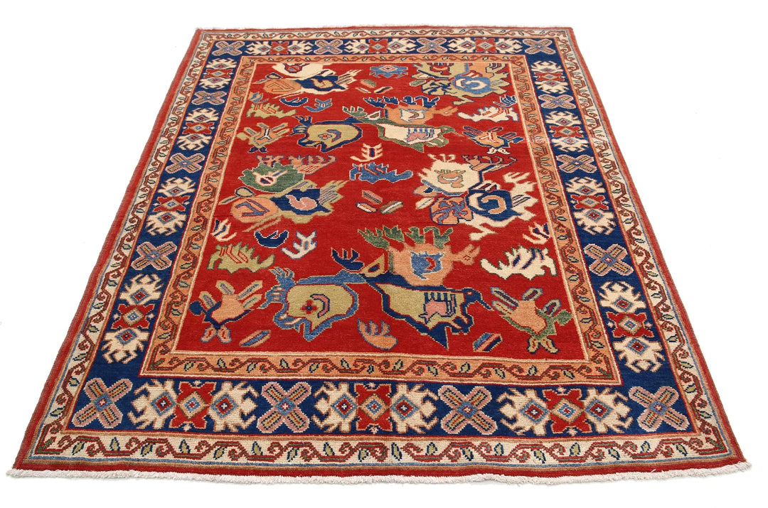 Red Afghan Oriental Rug 5' 0" x 6' 4" Hand-Knotted detail