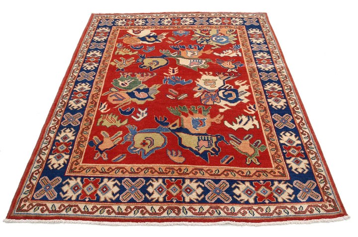 Red Afghan Oriental Rug 5' 0" x 6' 4" Hand-Knotted detail