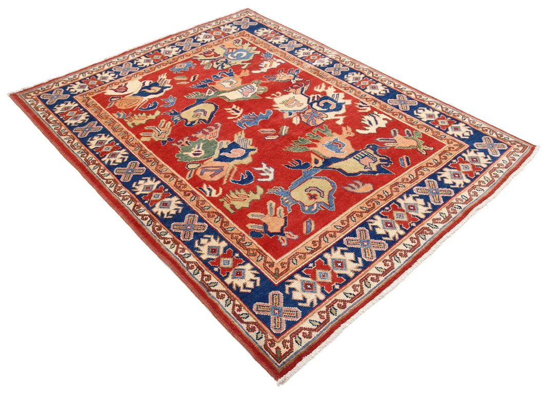 Red Afghan Oriental Rug 5' 0" x 6' 4" Hand-Knotted | No. AT21660