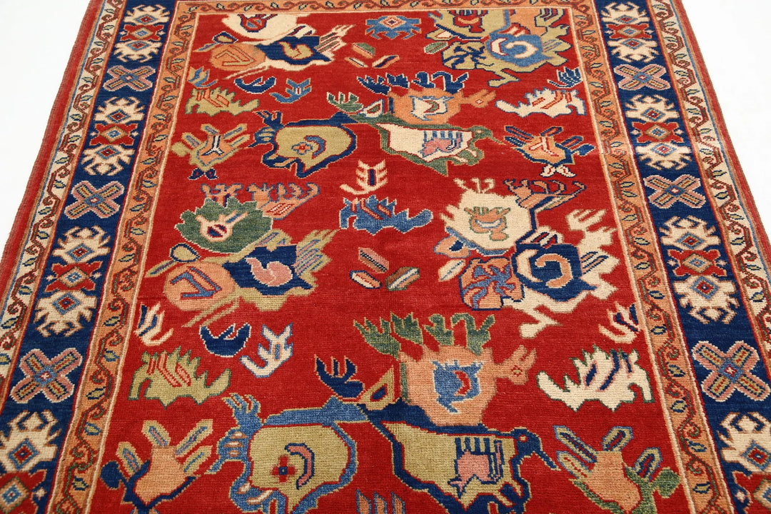 Red Afghan Oriental Rug 5' 0" x 6' 4" Hand-Knotted field