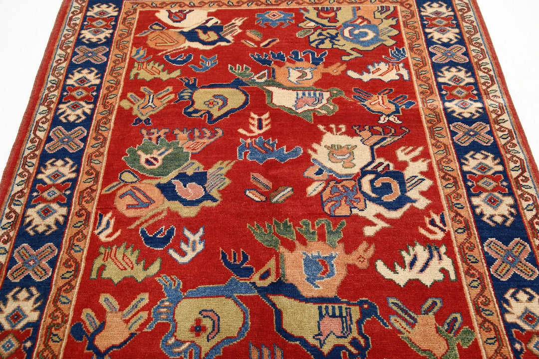 Red Afghan Oriental Rug 5' 0" x 6' 4" Hand-Knotted | No. AT21660
