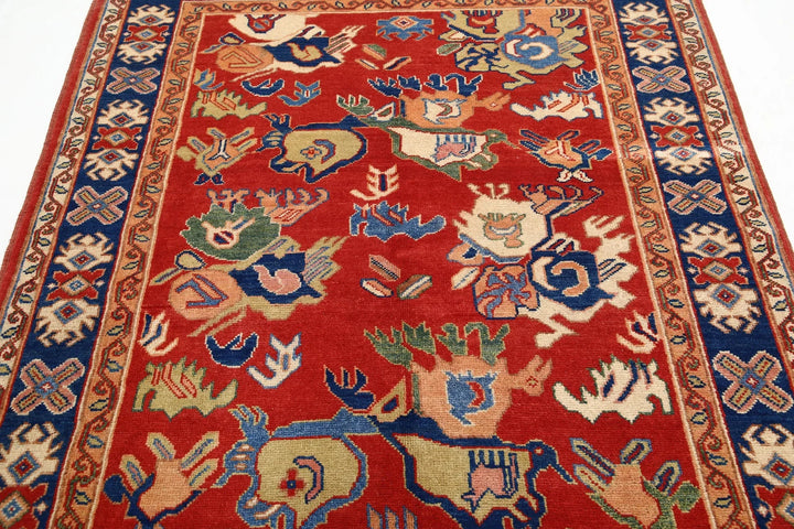 Red Afghan Oriental Rug 5' 0" x 6' 4" Hand-Knotted | No. AT21660