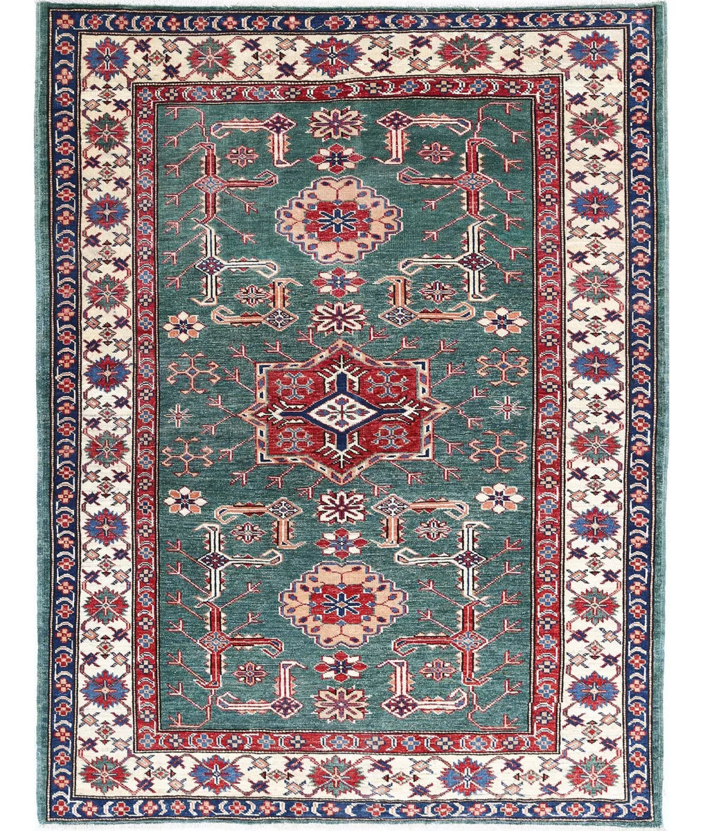 Green Afghan Kazak Rug 3' 10" x 5' 0" Hand-Knotted | No. AT228348