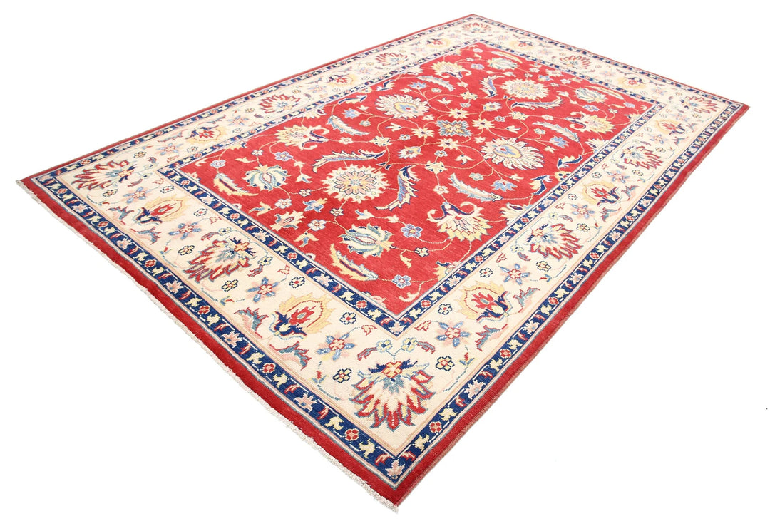 Red Afghan Oriental Rug 6'6" x 10'1" Hand-Knotted detail