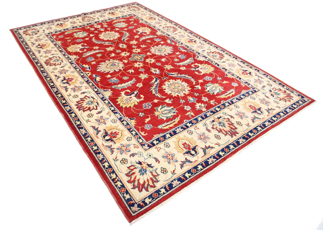 Red Afghan Oriental Rug 6'6" x 10'1" Hand-Knotted close-up