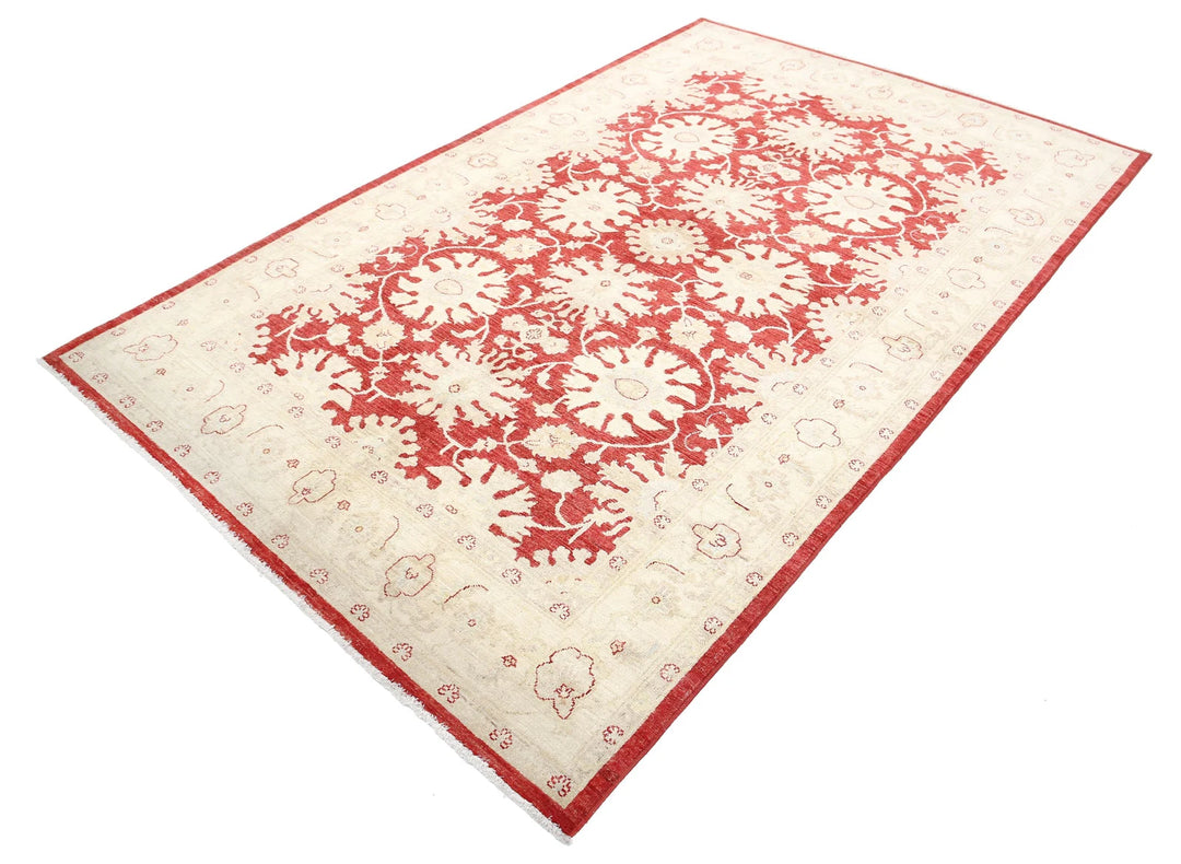 Red Afghan Oriental Rug 5' 5" x 8' 6" Hand-Knotted detail